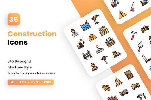 Construction Filled Line Icon Set: A Graphic Design Asset with Strong Visual Impact