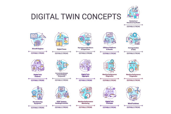 Digital Twin Concept Icons Set: Modern Graphics for Smart Branding