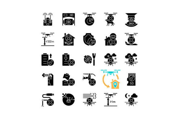 Drone Usage Black Glyph Manual Label Set: A Graphic Design Asset for Commercial Use