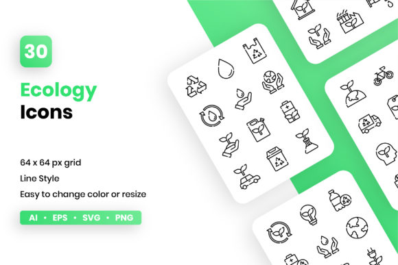 Ecology Line Icon Set: A Fresh Graphic Design Asset for Creative Projects