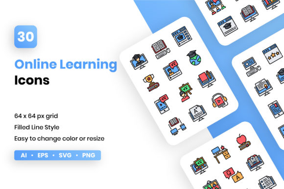 Online Learning Filled Line Icon Set for Modern Brand Design