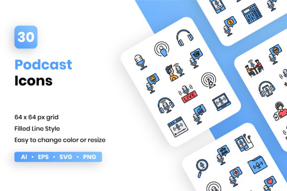 Podcast Filled Line Icon Set for Handmade and Print Projects