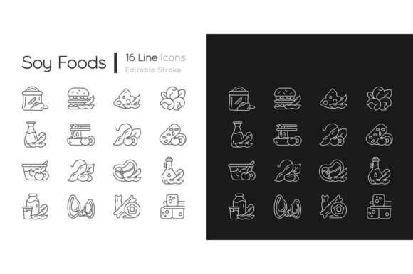 Soy Foods Linear Icons Set Dark Light for Modern Website and Editorial Design