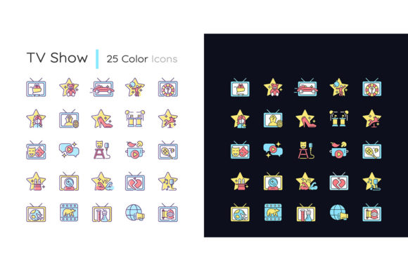 TV Show Light and Dark Theme RGB Color Icons for Modern Web Design