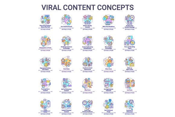 Viral Content Concept Icons Set: A Fresh Graphic Design Asset for Local Business Branding